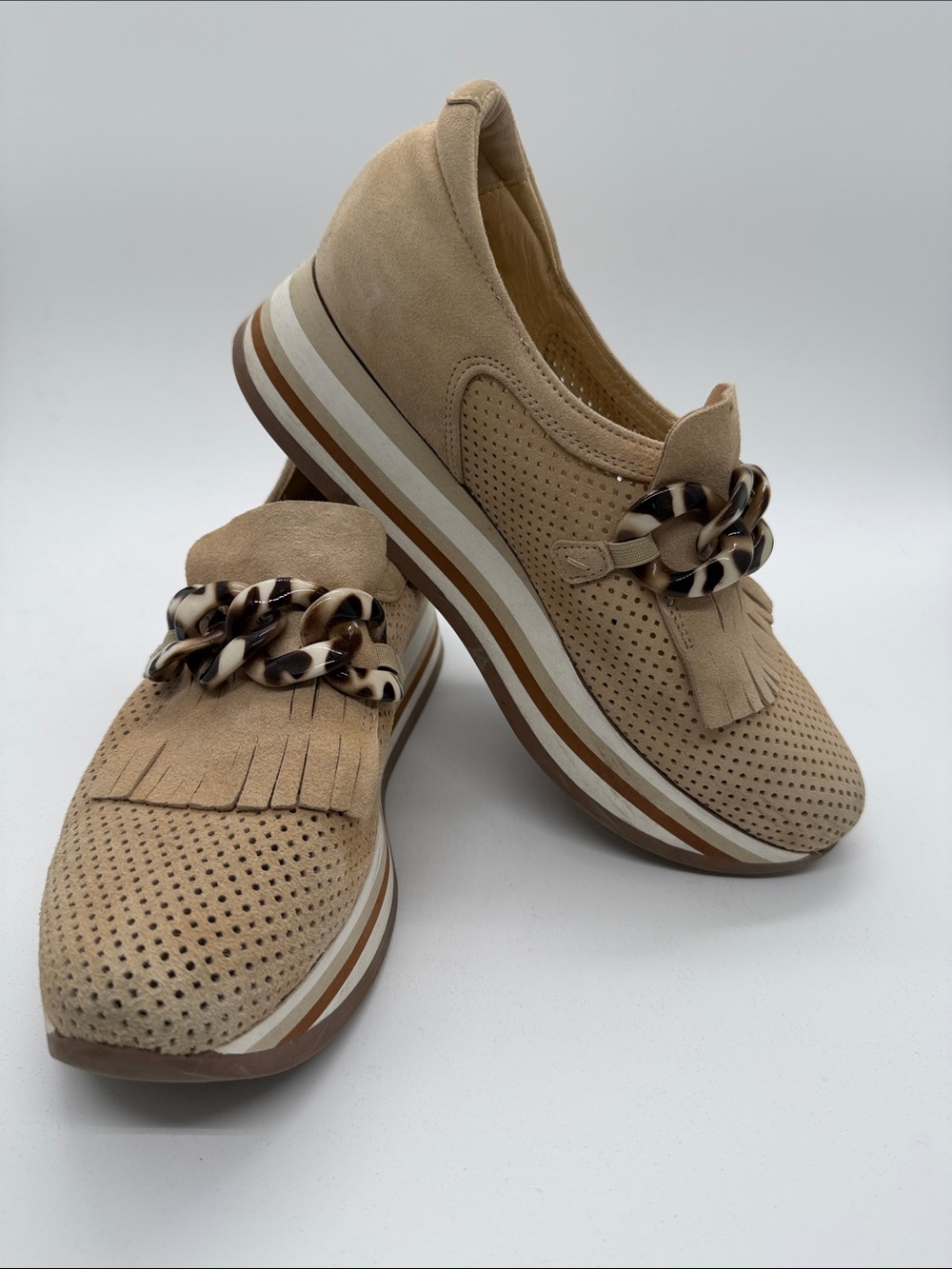Beige Suede Slip-On Moccasins with Tortoiseshell Chain Accent